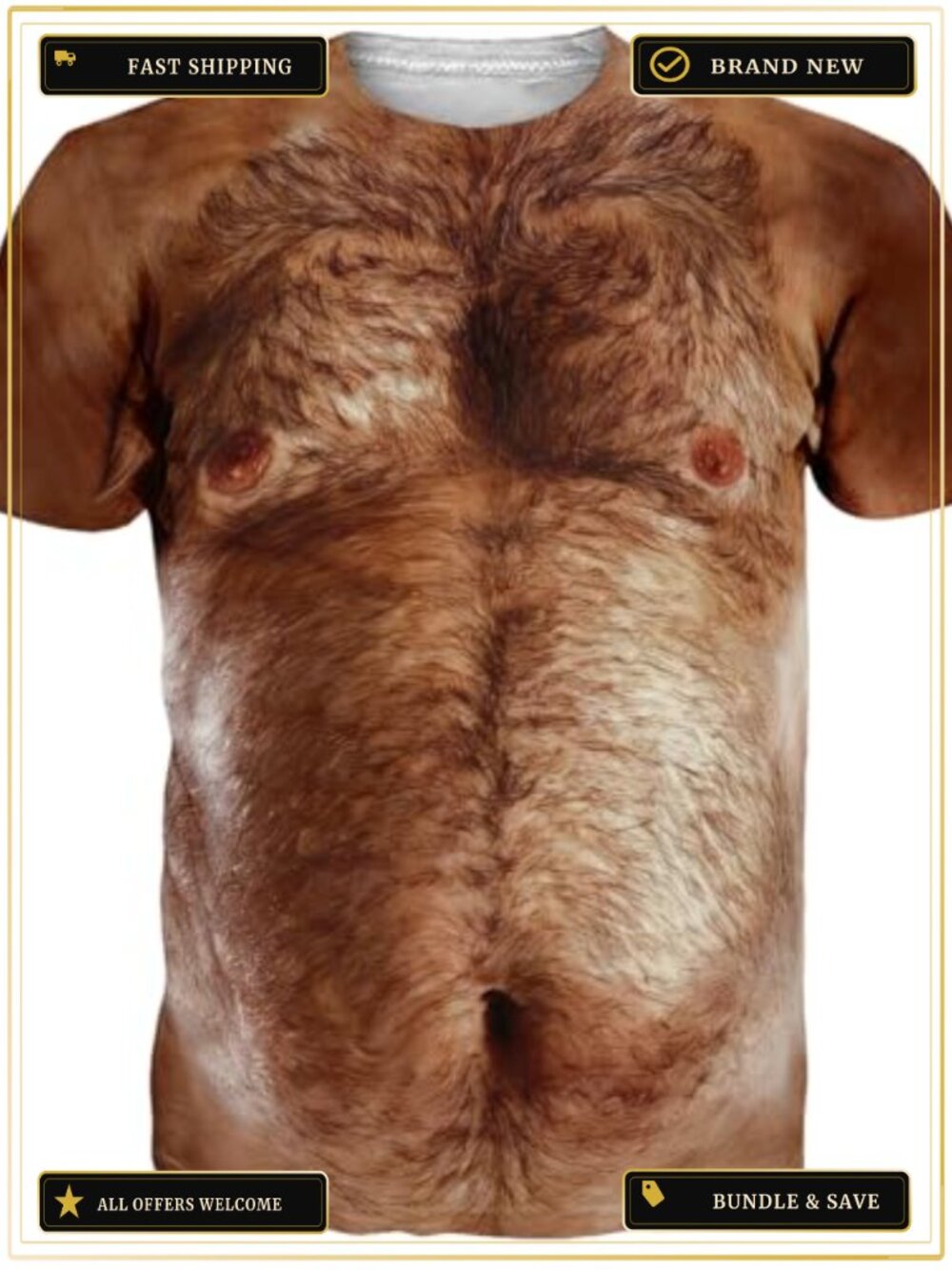 Mens Funny Hairy Chest Print T-Shirt Crewneck Novelty Tee
